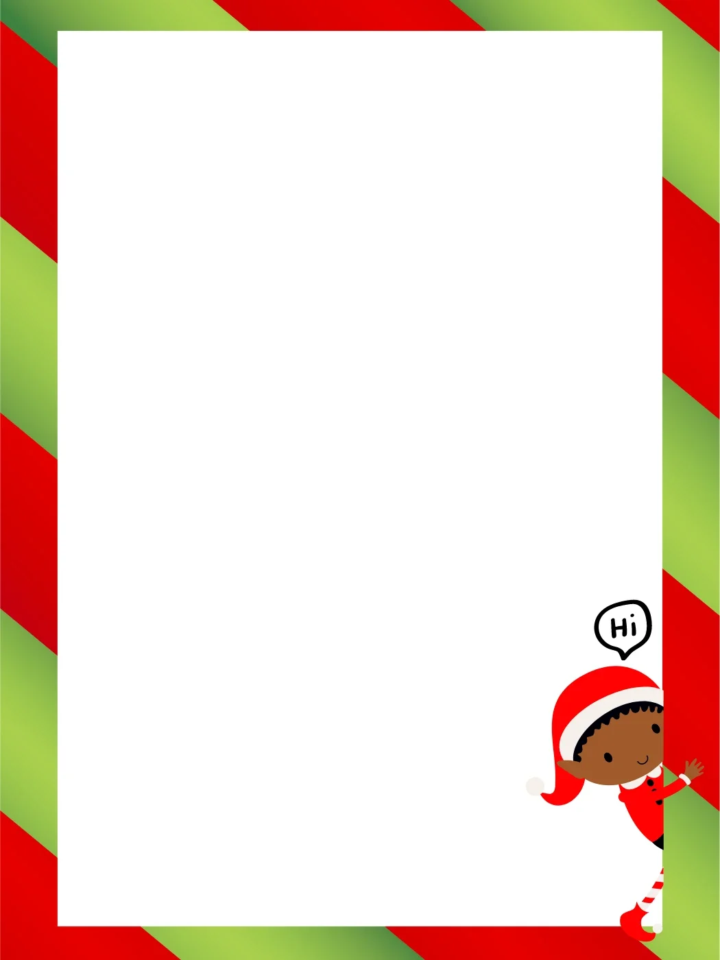 Candy cane-themed Christmas letter template with an elf peeking from the corner, great for festive messages
