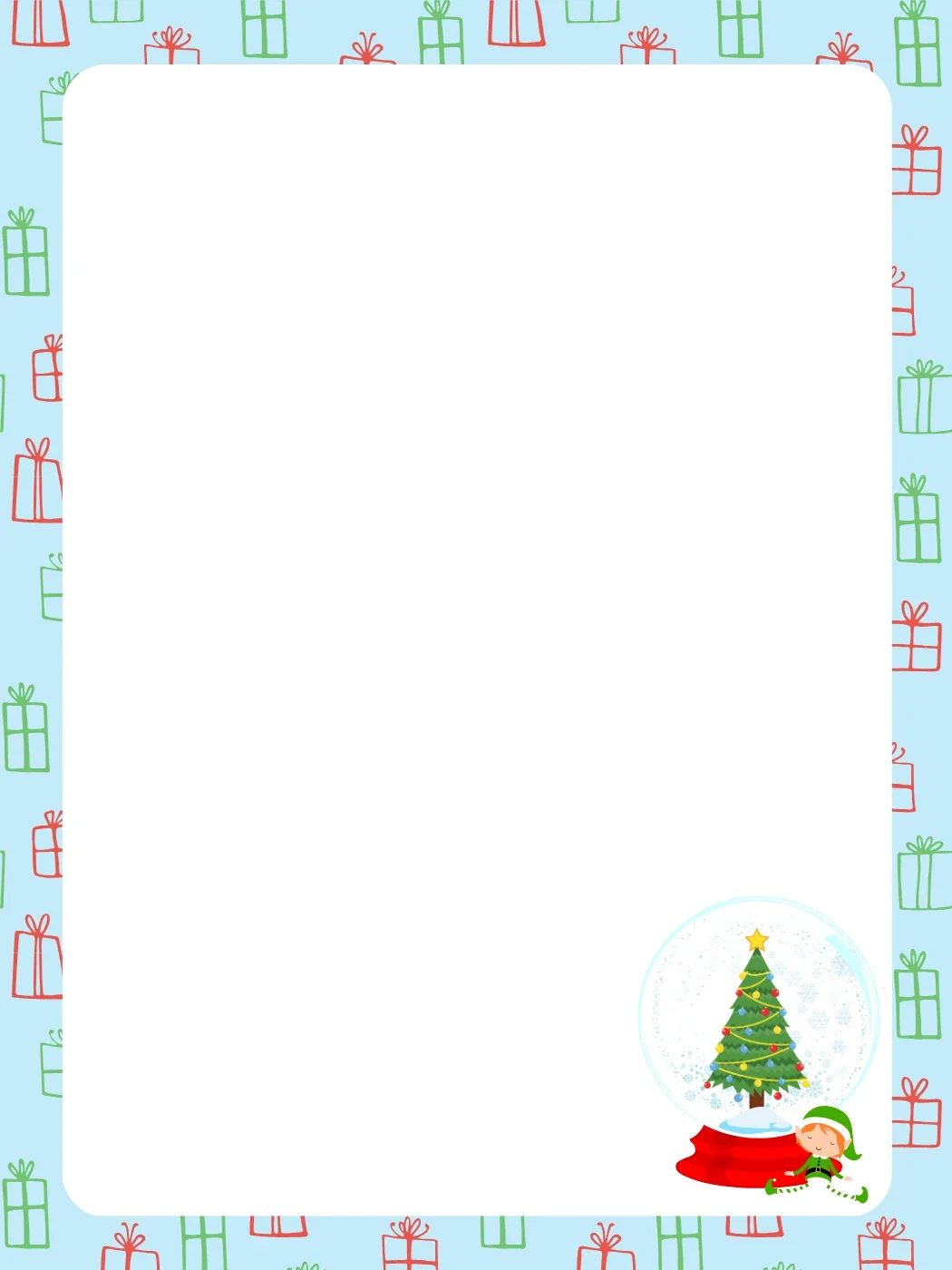 A Christmas letter template with a blue gift-wrapped border and an elf in a snow globe, ideal for holiday greetings