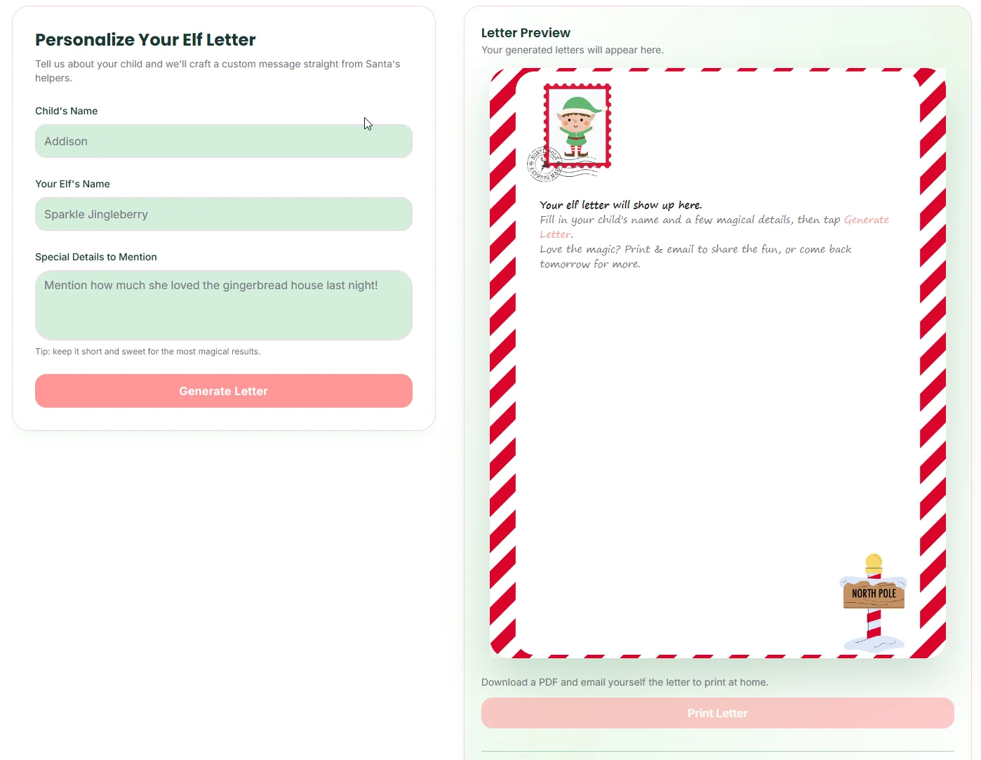 Screenshot of Elf Letter Bot generator interface showing simple input fields and instant letter preview