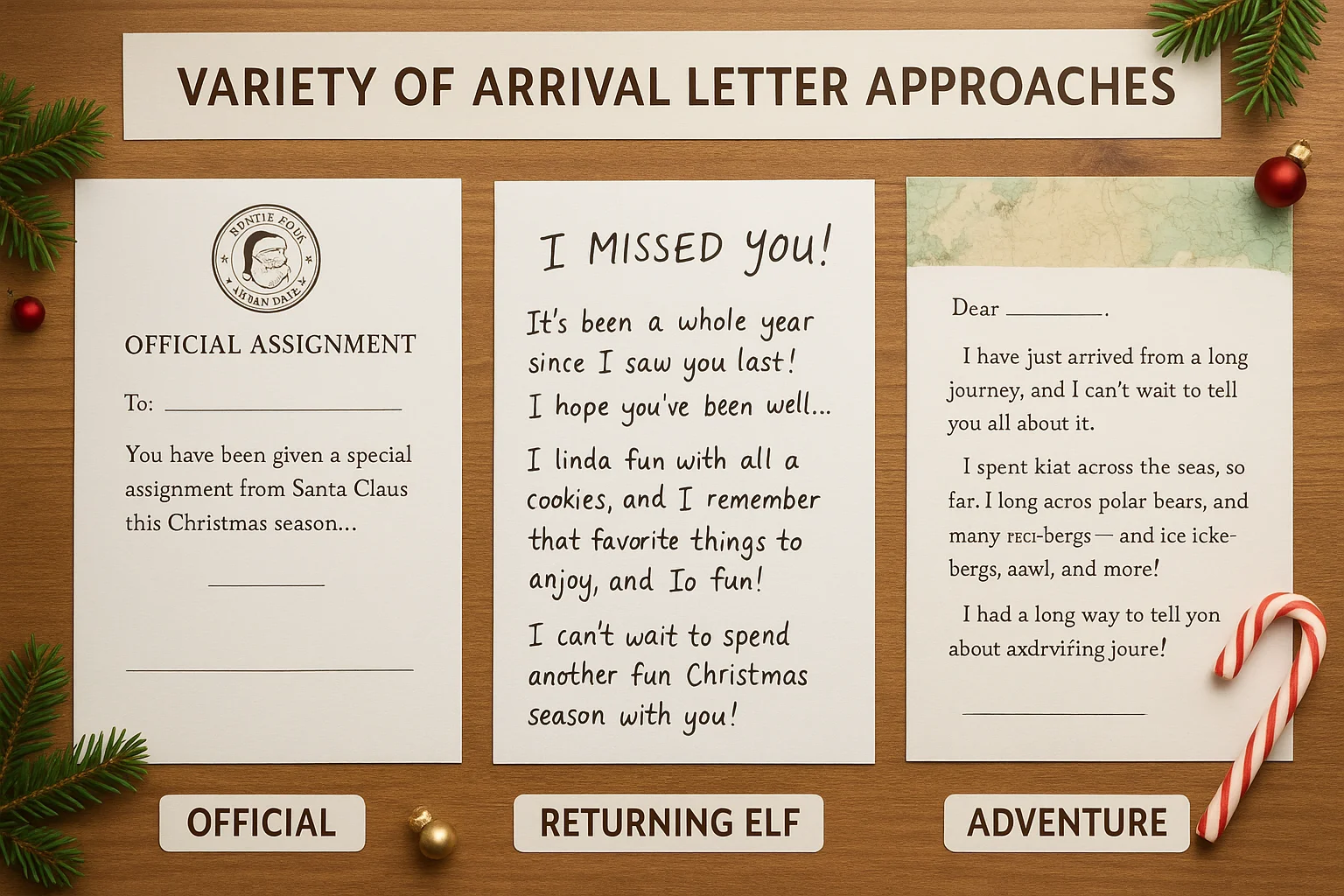 Collection of different arrival letter styles showing first-time introduction, returning friend, and adventure story formats