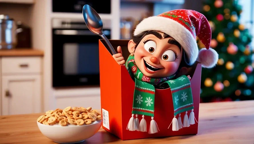 Cheerful holiday elf peeking out of a cereal box in a cozy kitchen decorated for the holidays.