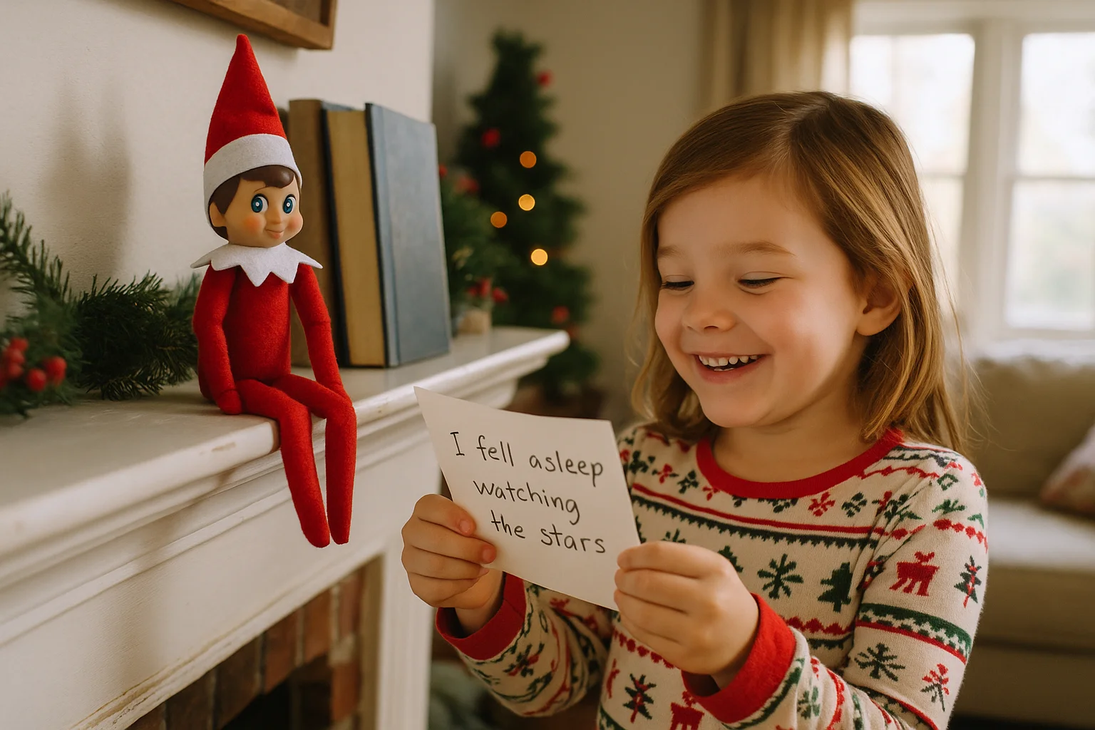 Elf sitting in same spot with handwritten note saying they fell asleep watching stars, child reading letter with smile