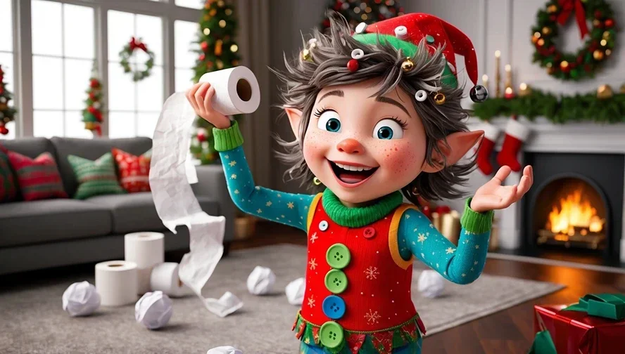 Smiling holiday elf joyfully unrolling toilet paper in a festive living room filled with decorations.