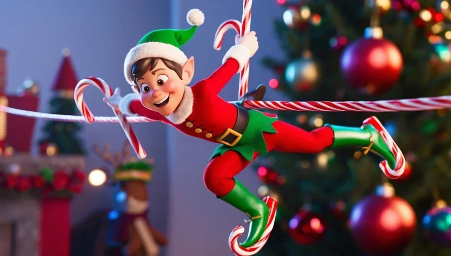 Mischievous holiday elf riding a candy cane zipline in a festive room with Christmas decorations