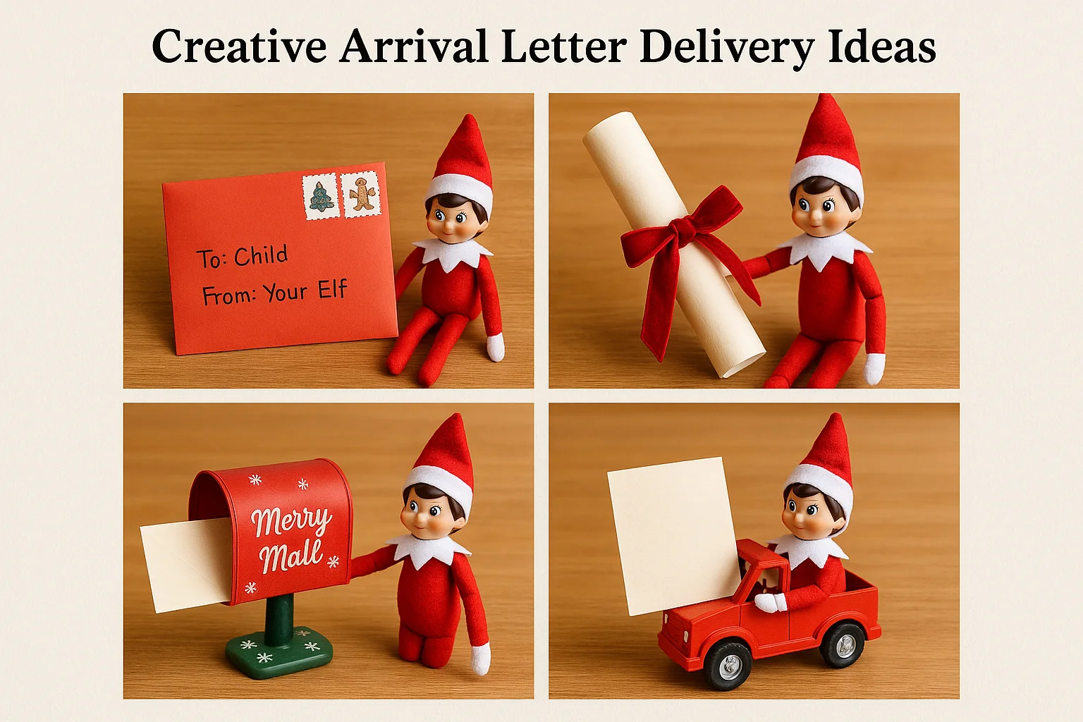 Four different creative elf arrival letter presentations showing envelope, scroll, special delivery vehicle, and mailbox scenes