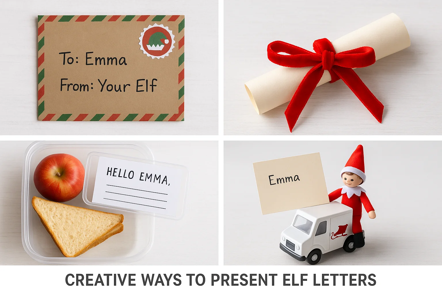 Various elf letter presentation styles including envelope, scroll, lunchbox note, and scene with toy delivery vehicle