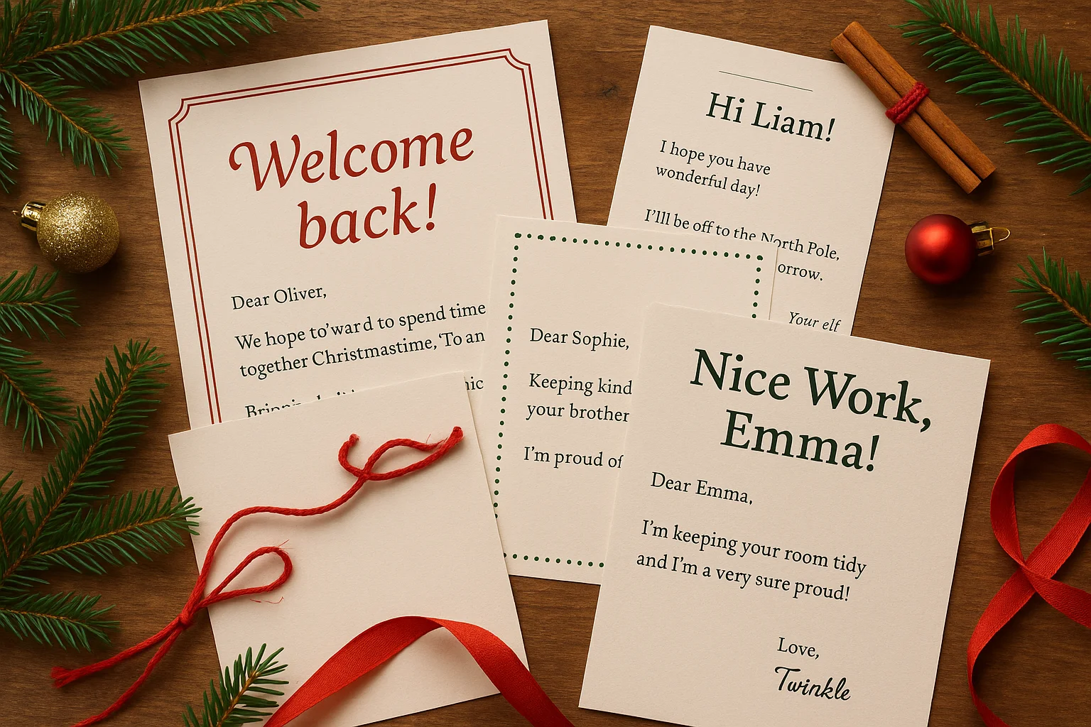 Collection of different elf letter types spread out showing arrival letter, encouragement note, and gentle reminder letter