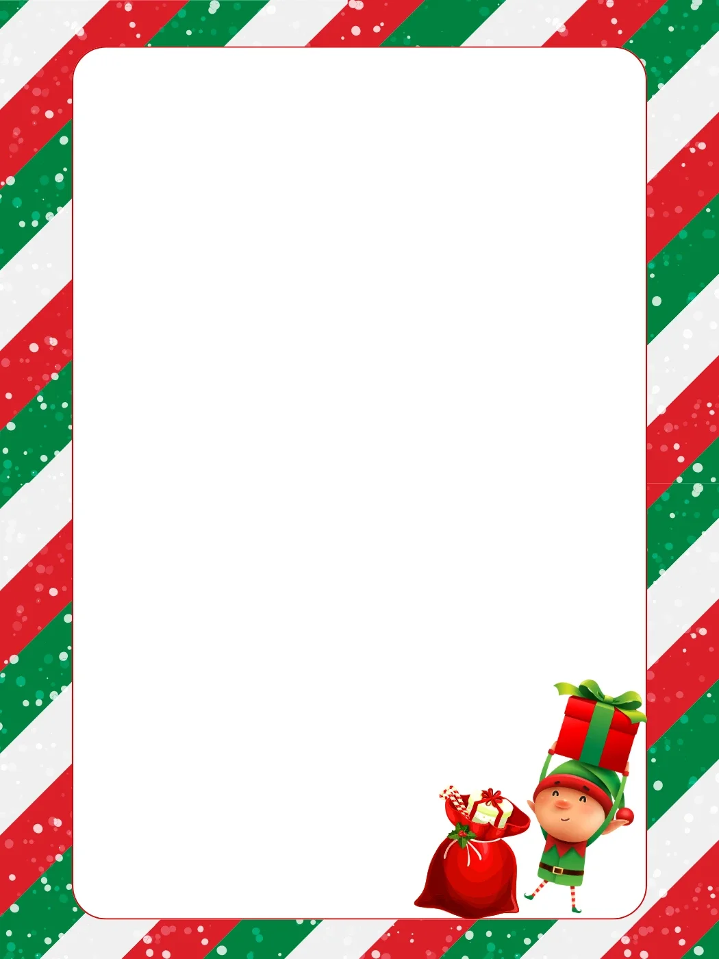 A Christmas letter template with a red, green, and white striped border and an elf holding a large gift, perfect for festive messages