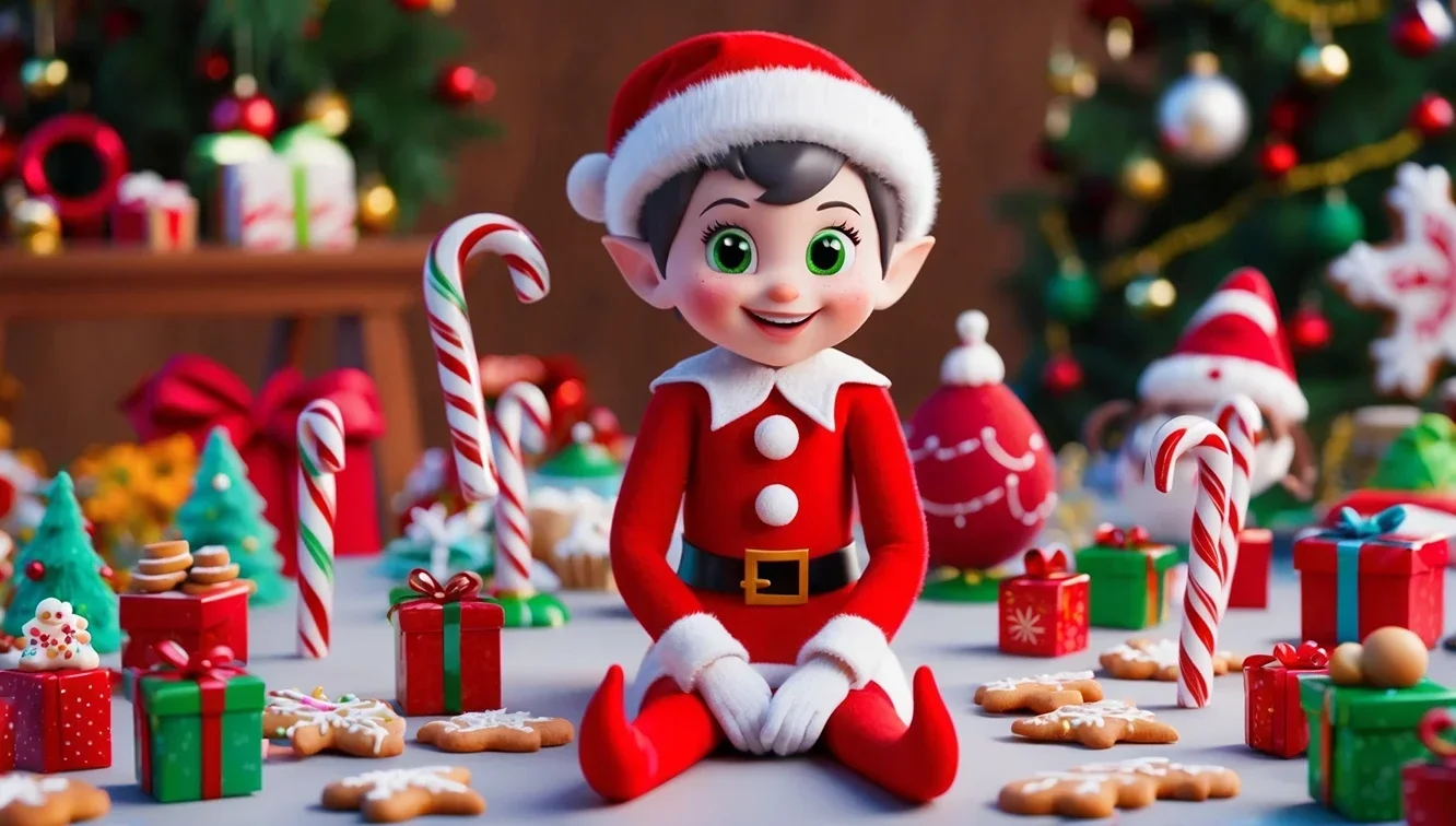 3D young holiday elf surrounded by Christmas candy canes, gingerbread cookies, and festive decorations