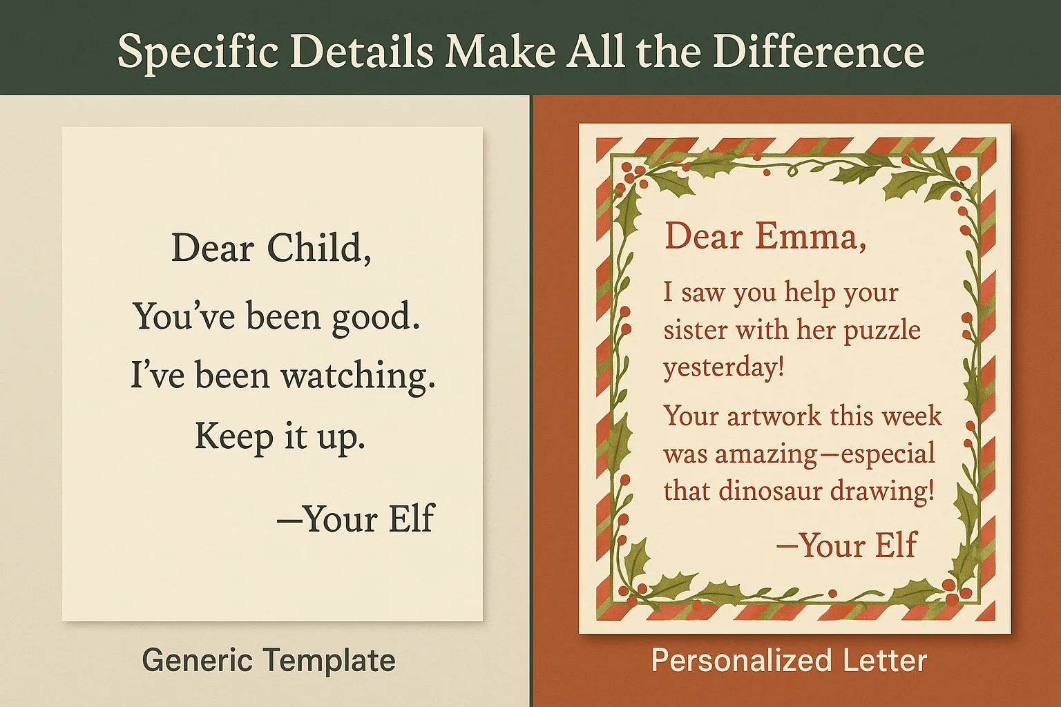 Side-by-side comparison showing generic elf letter with bland text versus personalized letter mentioning specific child activities and achievements