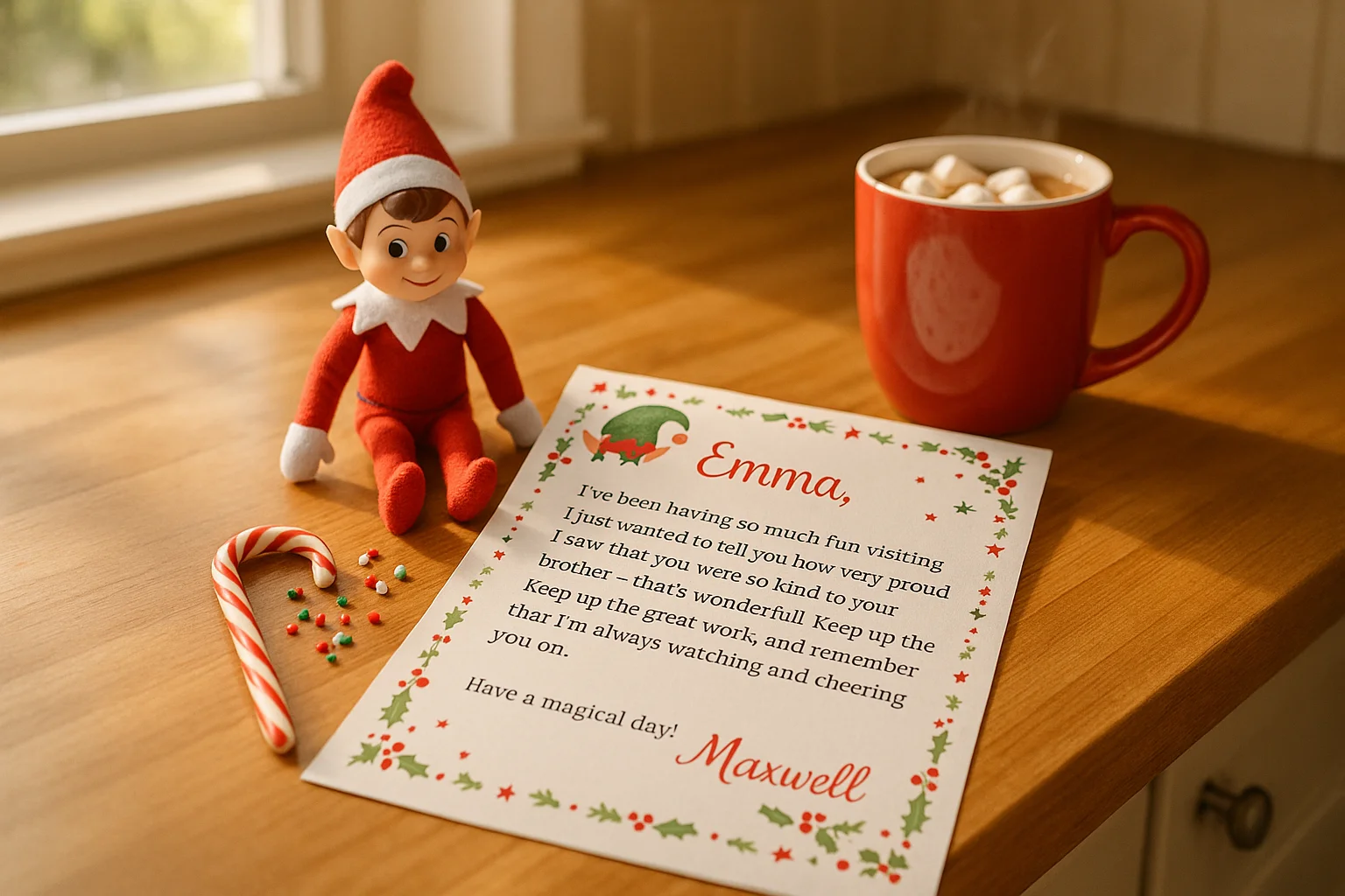 Beautifully printed personalized elf letter on festive stationery next to holiday elf and hot cocoa mug