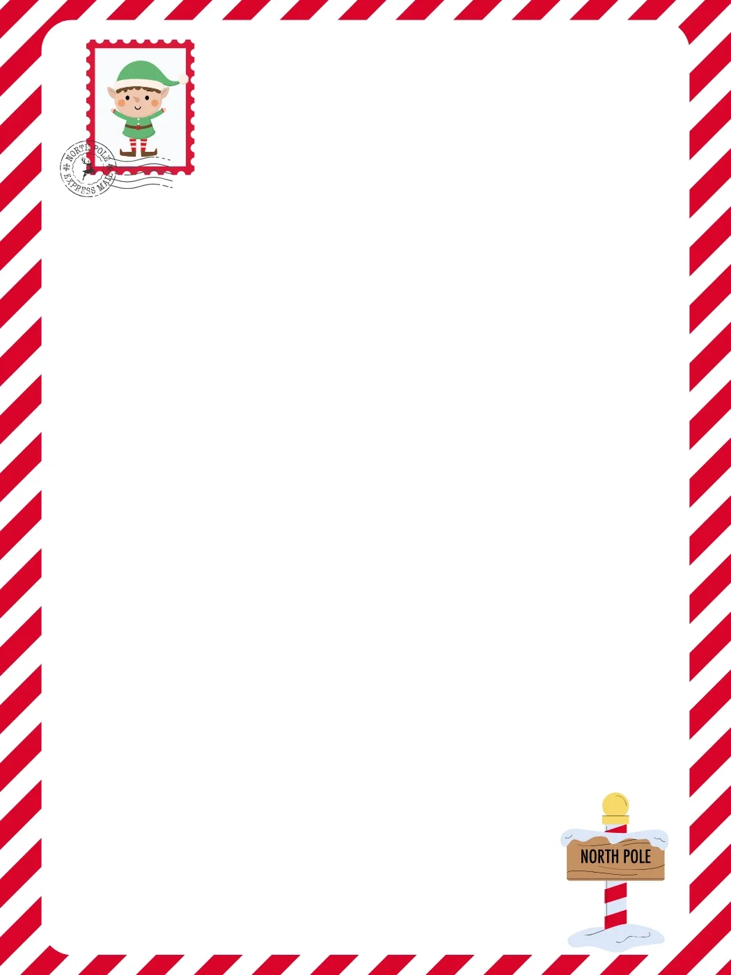 Christmas letter template with a North Pole theme, featuring an elf postage stamp and red and white striped border, great for North Pole messages