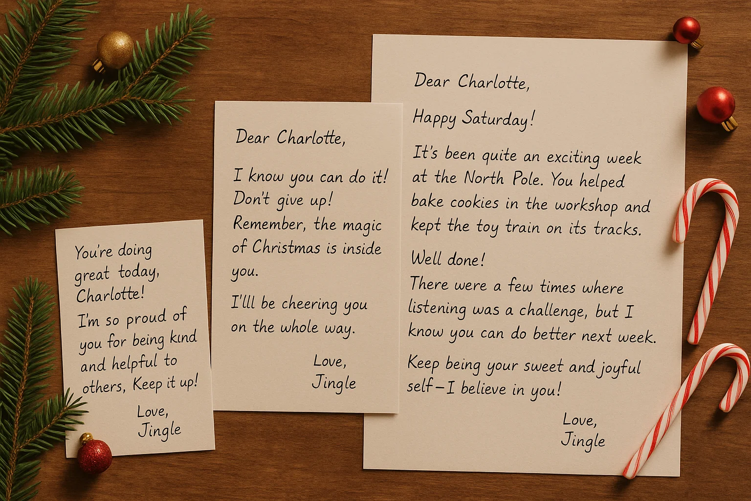 Collection of different length elf letters showing short daily note, medium encouragement letter, and longer weekly recap