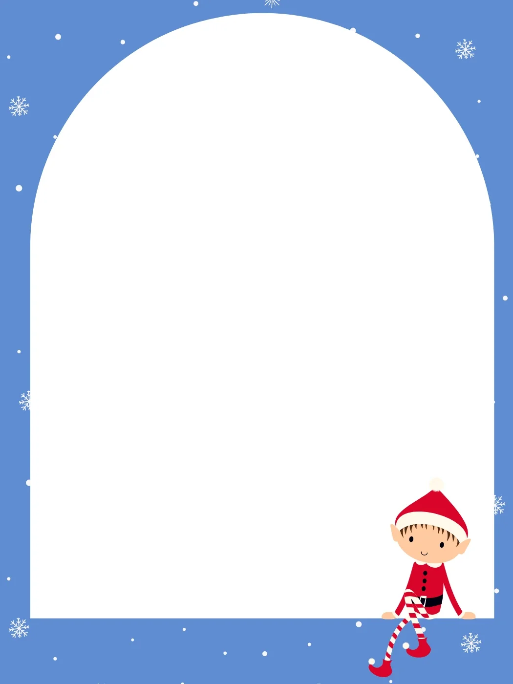 Christmas letter template with a blue background, snowflakes, and a cheerful elf sitting at the bottom, suitable for holiday letters