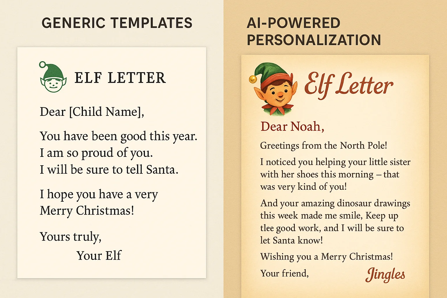 Split screen showing generic template on left versus personalized AI-generated elf letter on right, highlighting specific child details