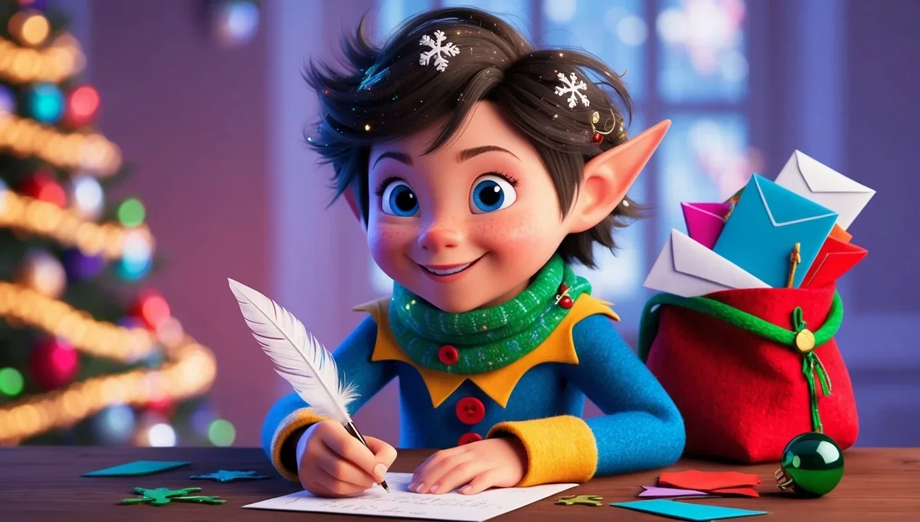 3D elf writing a holiday letter with a feather pen, with colorful envelopes and a decorated Christmas tree in the background