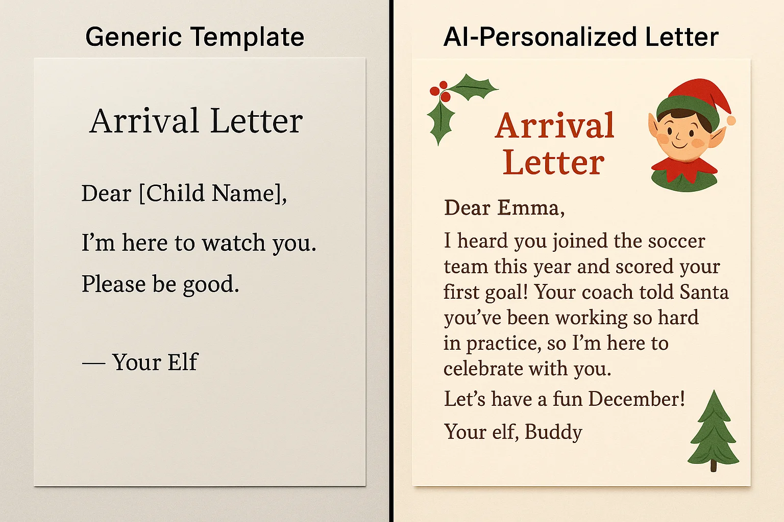 Before and after showing generic template versus AI-generated personalized arrival letter with specific child details