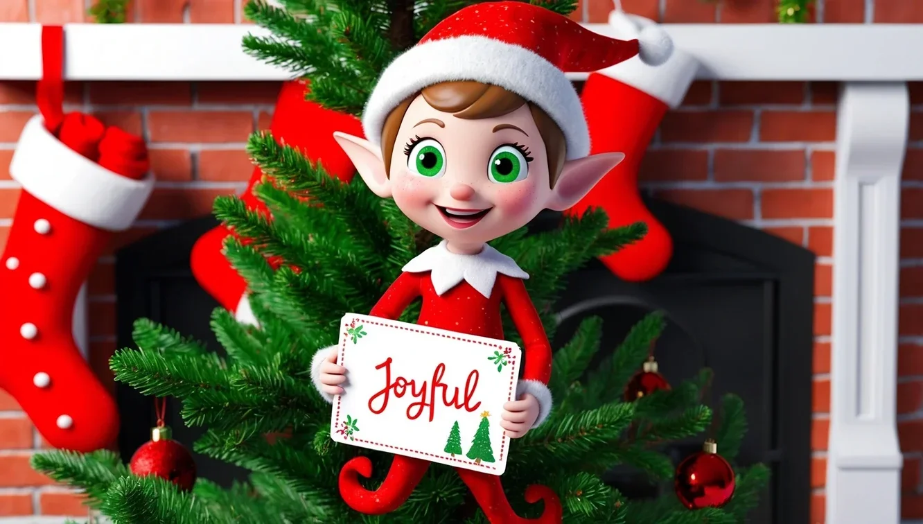 3D young elf holding a sign that says 'Joyful' in front of a Christmas tree with stockings in the background