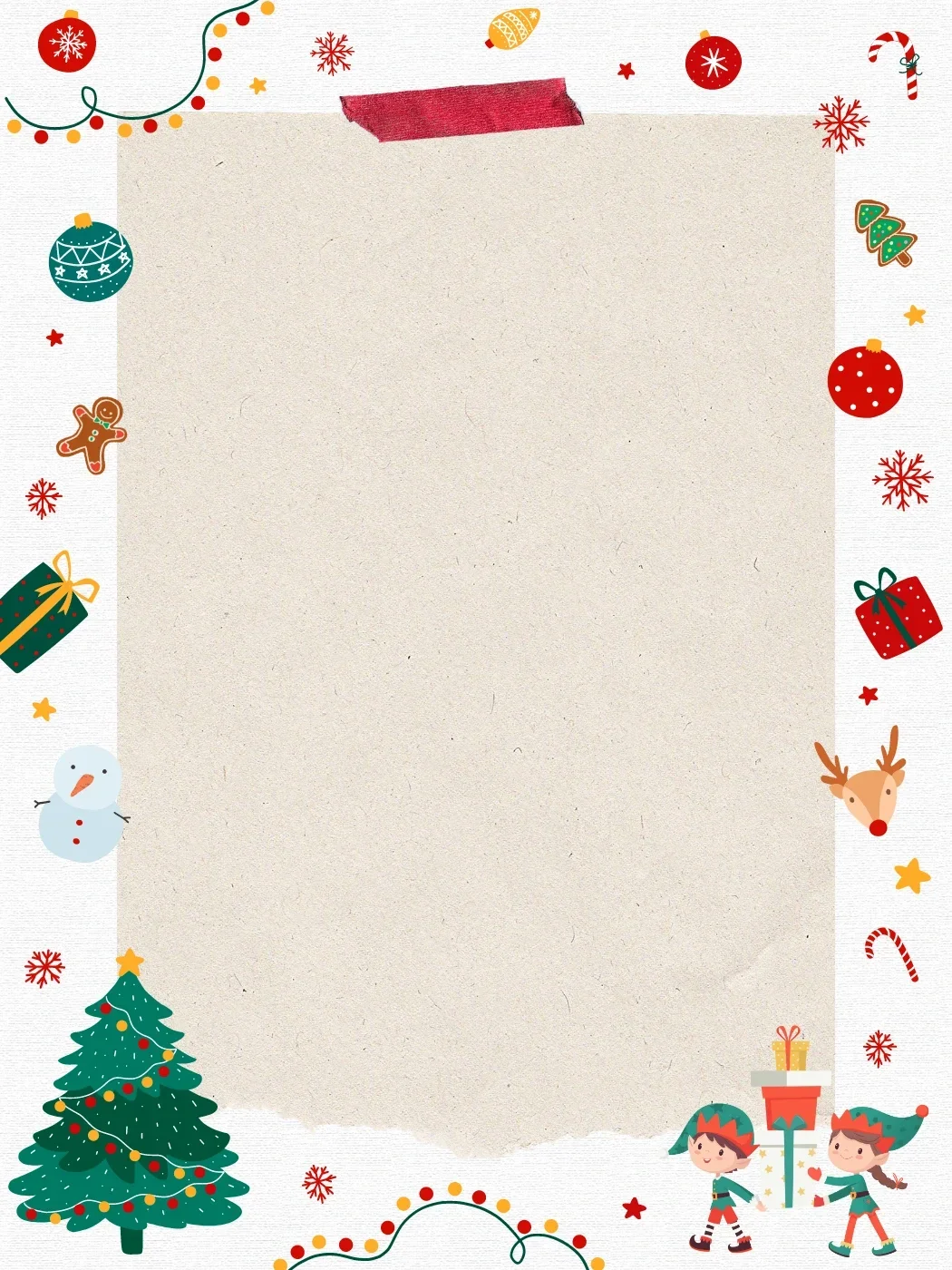 Christmas-themed letter template with elves, gifts, and a decorated Christmas tree on the border, perfect for holiday messages