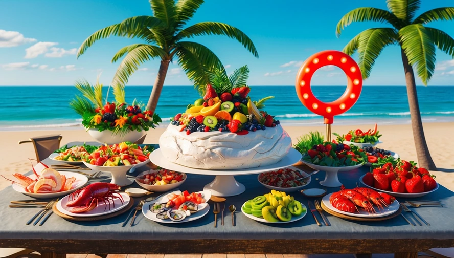 Traditional Australian Christmas feast with pavlova, seafood, and fresh summer fruits on a beachside table