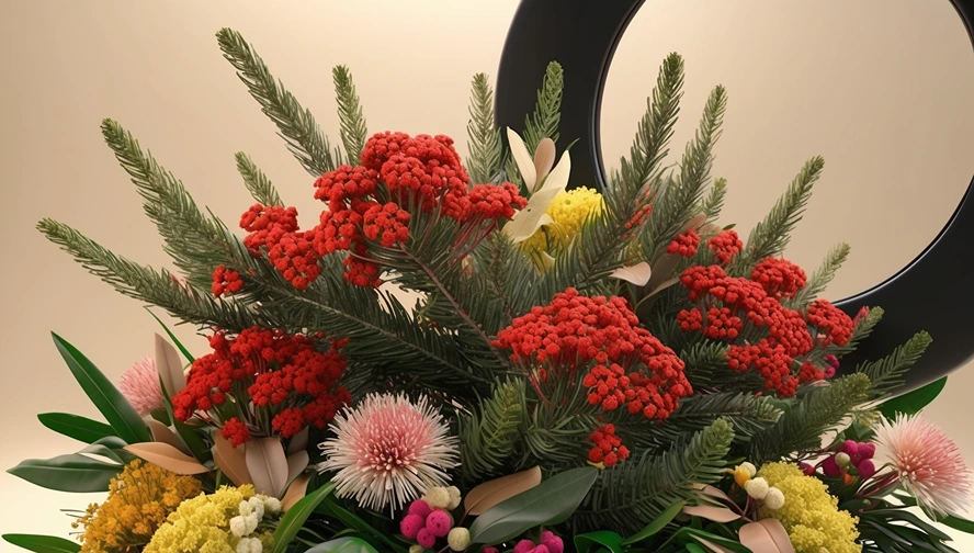 Traditional Australian Christmas bush and native flowers arrangement with red berries and summer blooms