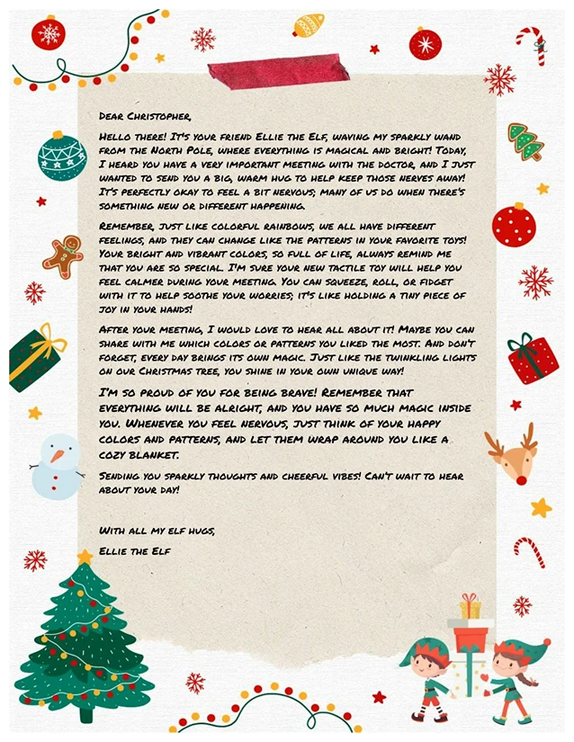 Personalized holiday elf letter for child with autism, offering comfort and sensory support with colorful holiday illustrations