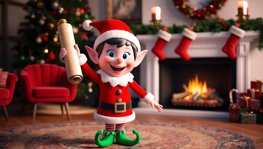 A cheerful holiday elf in Disney-Pixar style holding a scroll, standing in front of a cozy room with a fireplace and holiday decorations.