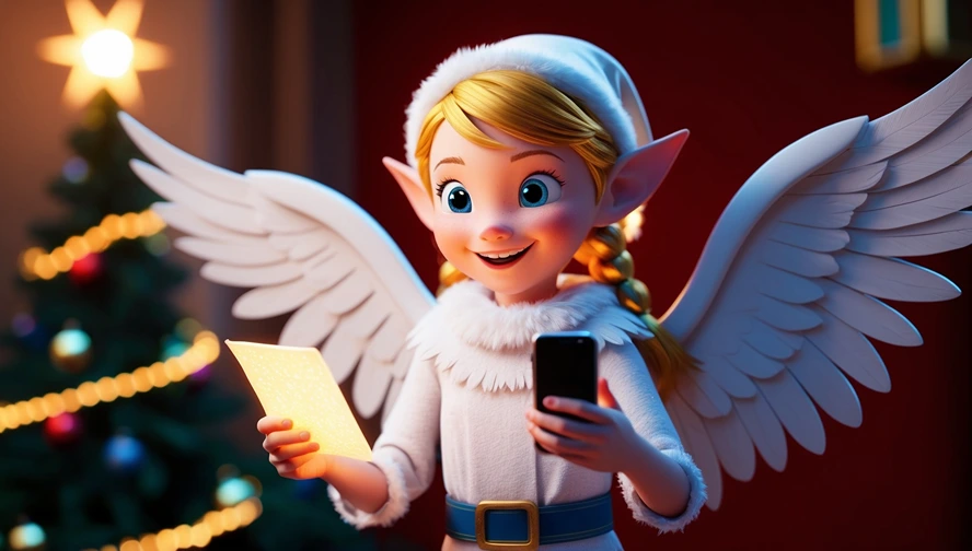 Christkind figure holding both a traditional letter and a smartphone, symbolizing Magic Letter Box's blend of old and new