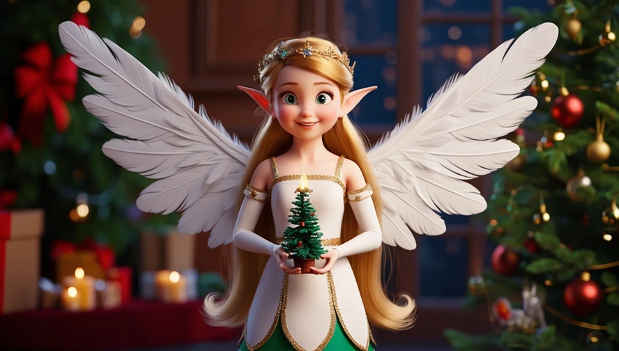 Traditional Christkind figure holding a miniature Christmas tree, blending tradition with Magic Letter Box's modern approach