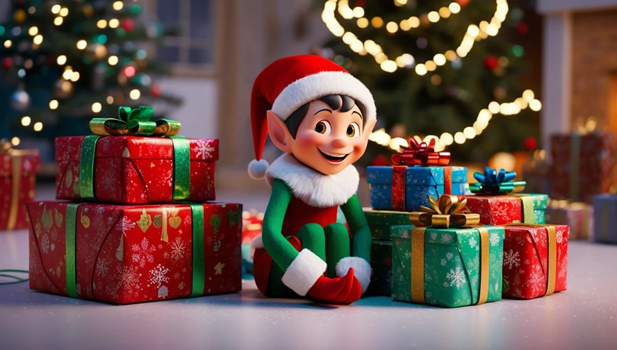 A holiday elf in Disney-Pixar style sitting happily among colorful, wrapped Christmas presents, with a glowing Christmas tree in the background.
