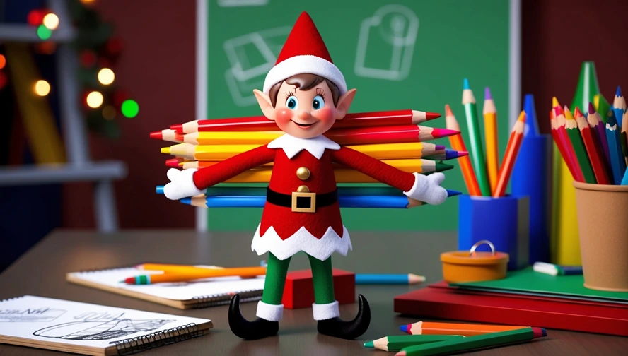 Holiday elf holding colorful pencils, demonstrating creative learning encouraged by Elf Letter Bot