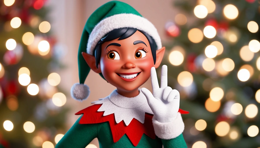 Smiling diverse holiday elf making peace sign, representing inclusive communication