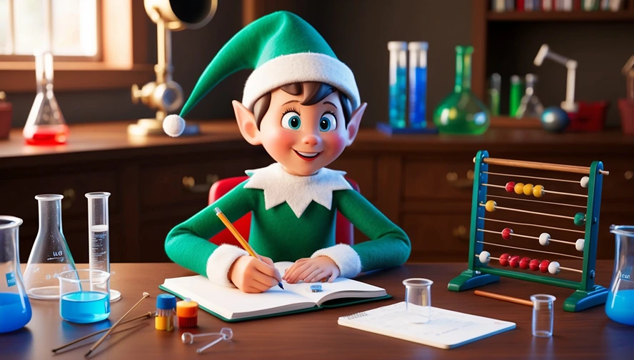 Holiday elf conducting science experiments, promoting STEM education with Elf Letter Bot