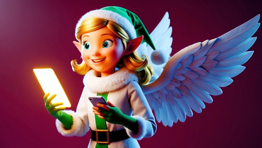 Christkind-inspired character using a tablet, showcasing how Magic Letter Box modernizes holiday traditions