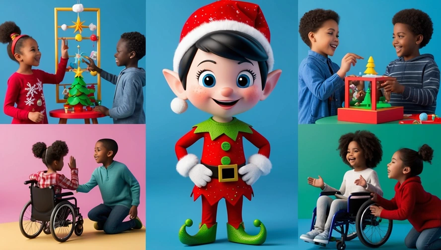 Holiday elf surrounded by diverse children, including those with disabilities, symbolizing Magic Letter Box's inclusivity