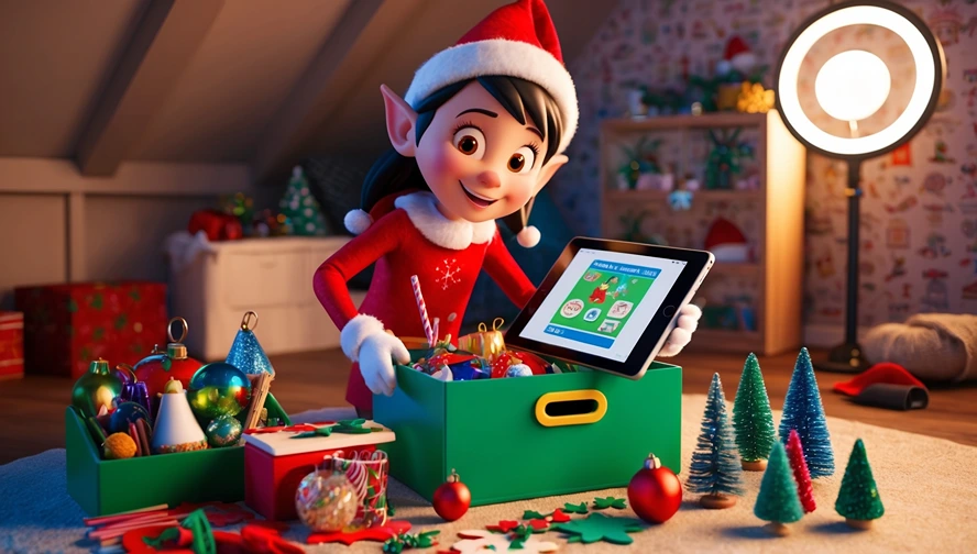 Holiday elf using tablet with Magic Letter Box app for festive planning