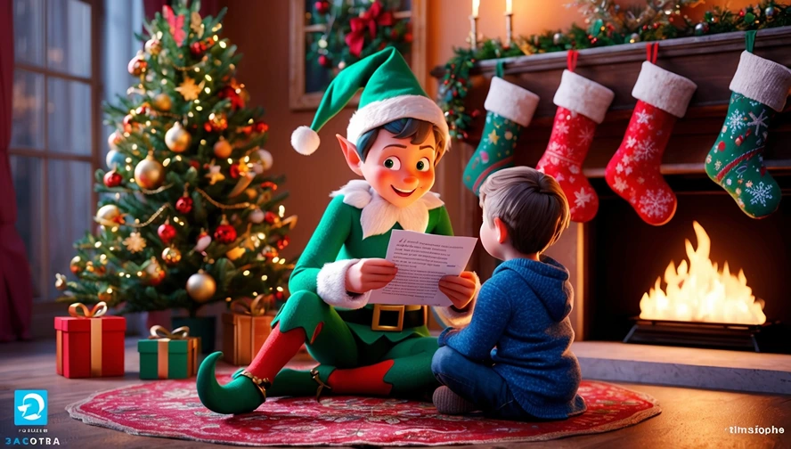 Holiday elf in Disney-Pixar style reading a personalized letter to a child, next to a cozy fireplace with stockings and a decorated Christmas tree.