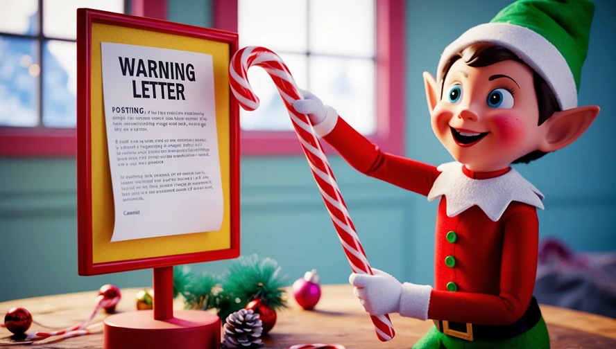 Holiday helper displaying a behavior warning letter on a festive stand with candy cane pointer, demonstrating Magic Letter Box's creative delivery methods