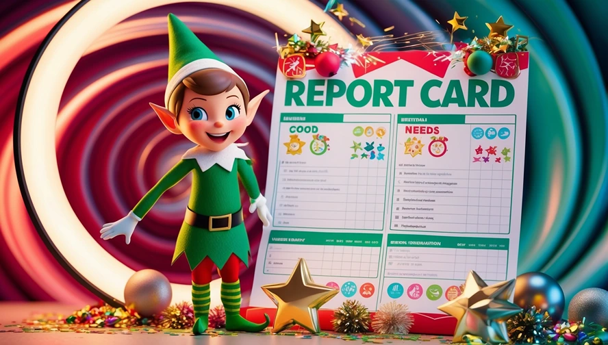 Holiday helper presenting colorful behavior report card with good and needs improvement sections, showing Magic Letter Box's behavior tracking tools
