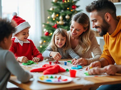 Family of four crafting holiday decorations together, with children smiling and parents assisting, creating an inclusive holiday experience next to a Christmas tree.