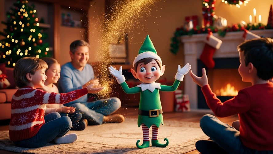 Family surrounding their holiday elf, using magic dust to restore the magic after an accidental touch, created with Magic Letter Box.