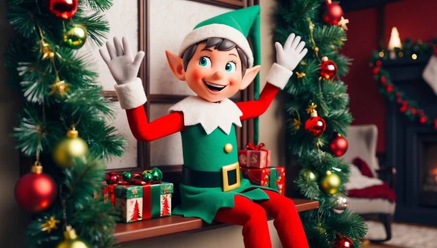 A cheerful holiday elf in Disney-Pixar style, waving and sitting on a window ledge surrounded by festive Christmas garlands and gifts.