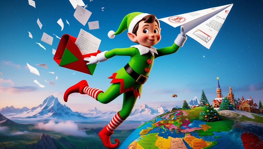 Holiday elf flying over world map, delivering letters with Elf Letter Bot