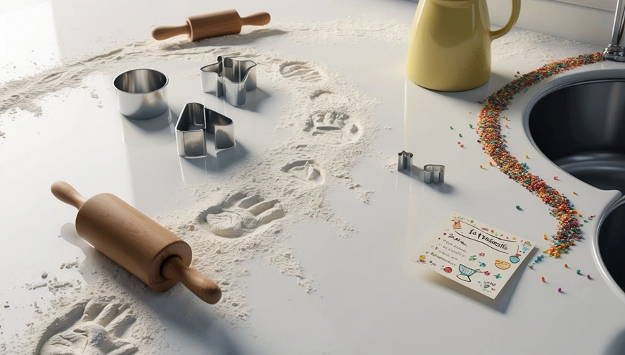 Flour-dusted counter with tiny handprints, cookie cutters, and a magical recipe card showing evidence of holiday elf baking
