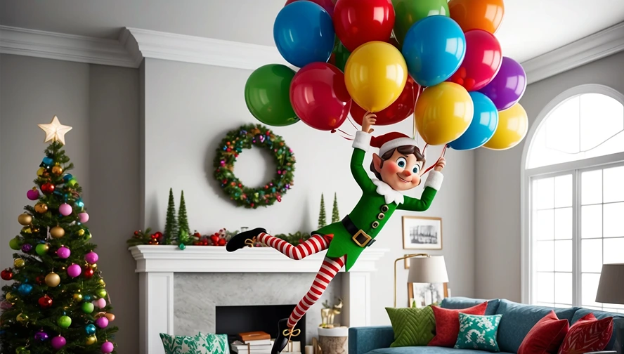Holiday elf floating with colorful balloons in a festive living room, showcasing imaginative elf scenes