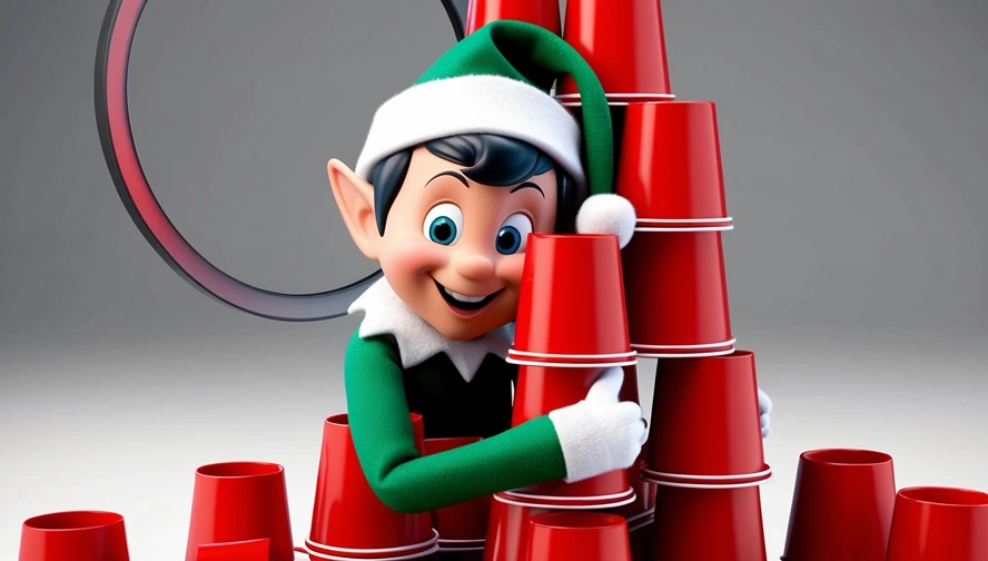 Holiday elf building a tower with red cups, demonstrating an easy and engaging last-minute elf scene