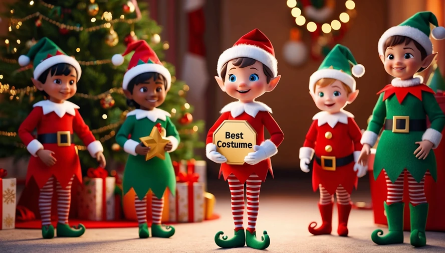 Group of festive holiday elves celebrating a costume contest, with one elf holding a 'Best Costume' award, created by Elf Letter Bot.