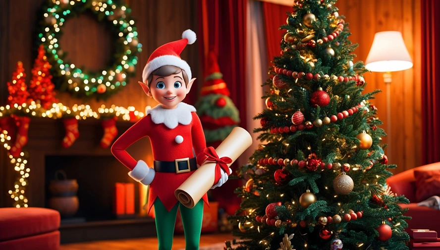 A holiday elf in Disney-Pixar style standing next to a decorated Christmas tree, proudly holding a scroll with holiday wishes.