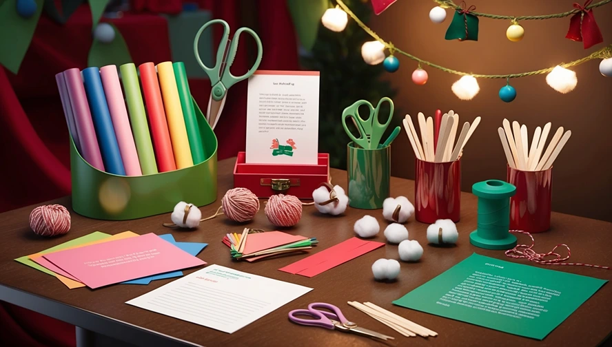 Colorful holiday elf letter writing supplies including craft paper, scissors, cotton balls, and string with festive lighting