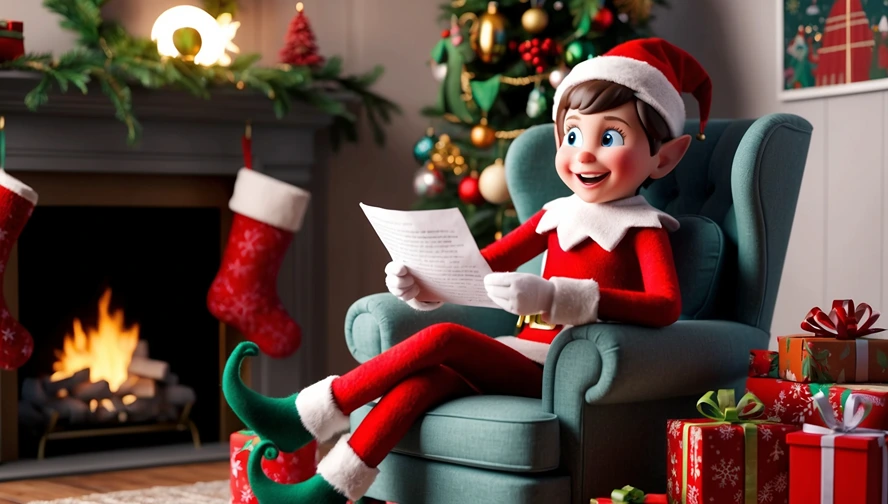 A joyful holiday elf in Disney-Pixar style sitting in a chair by the fireplace, reading a child's letter, emphasizing personalized elf responses.